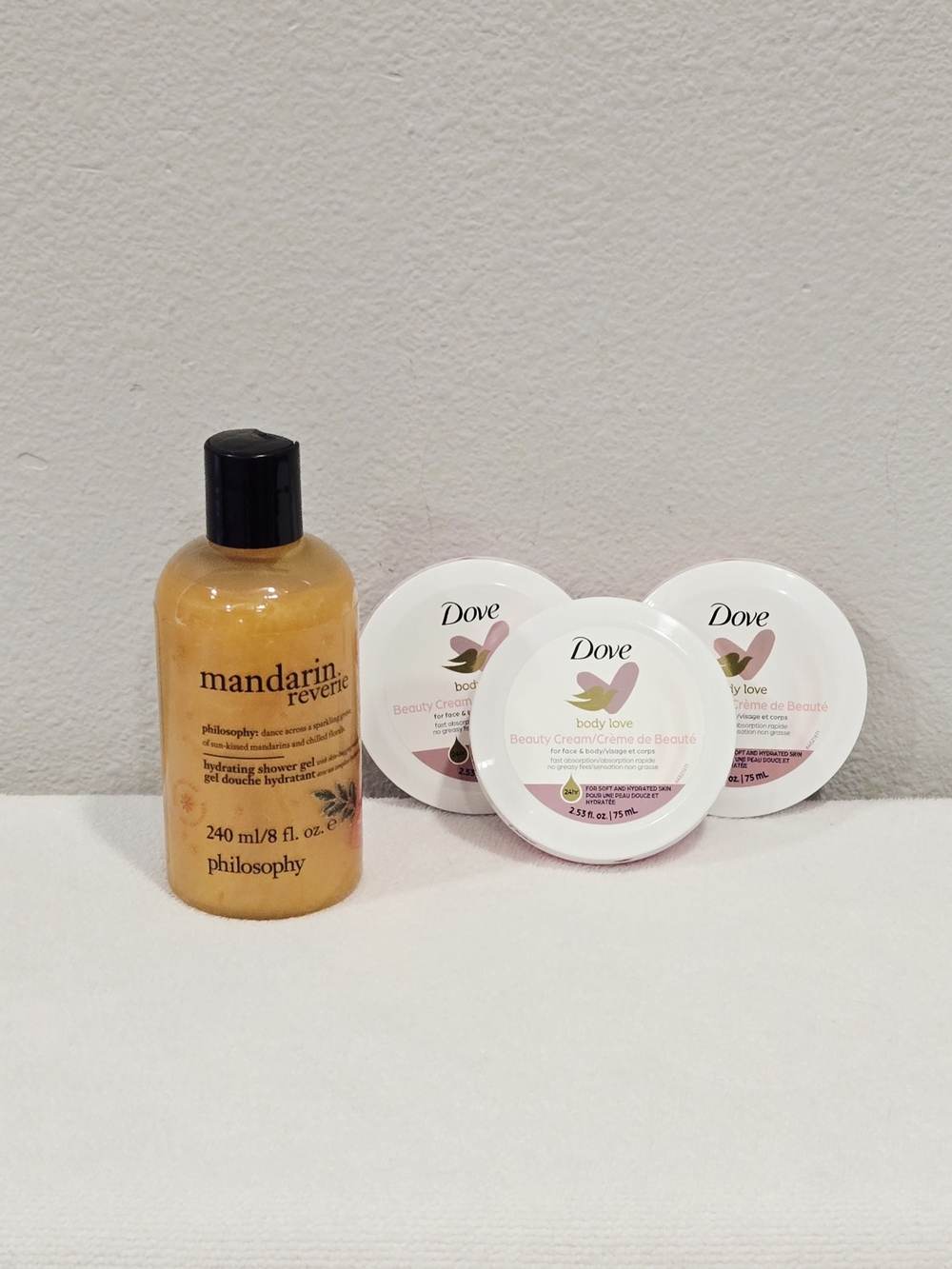 Philosophy Mandarin Reverie Shower Gel 8 oz and 3 Dove Beauty Creams 2.55 oz